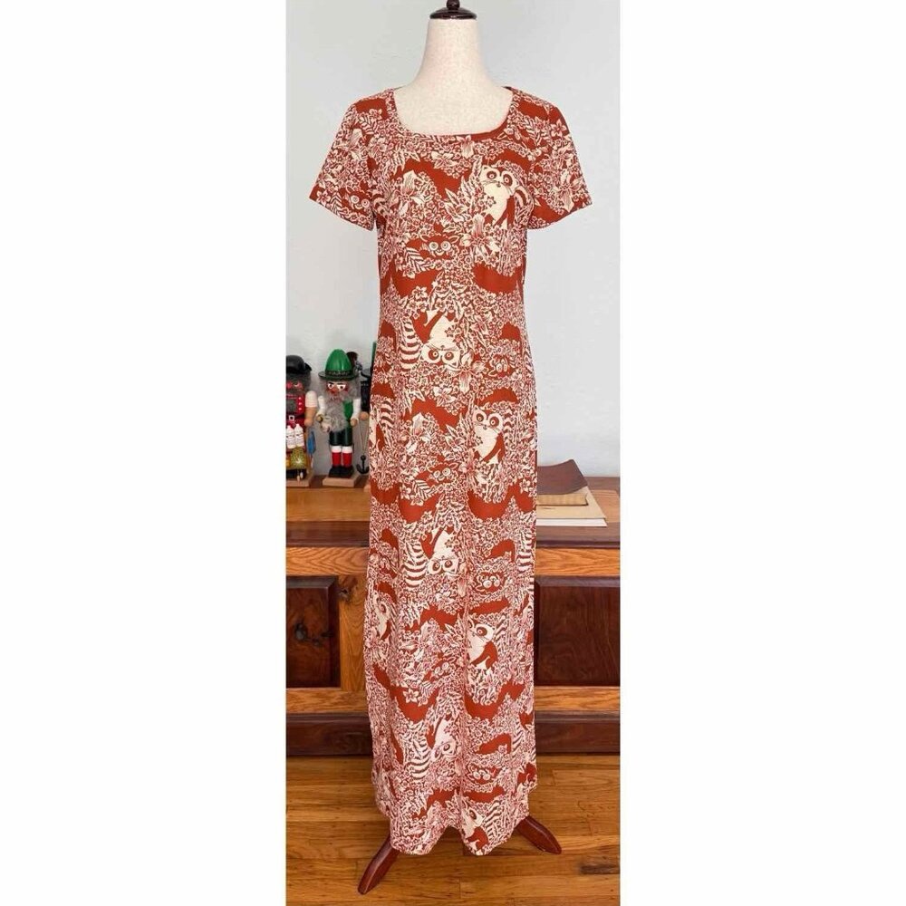 VTG 60's Kimo's Polynesian Shop Hawaiian T-Shirt Maxi Dress Floral Raccoons